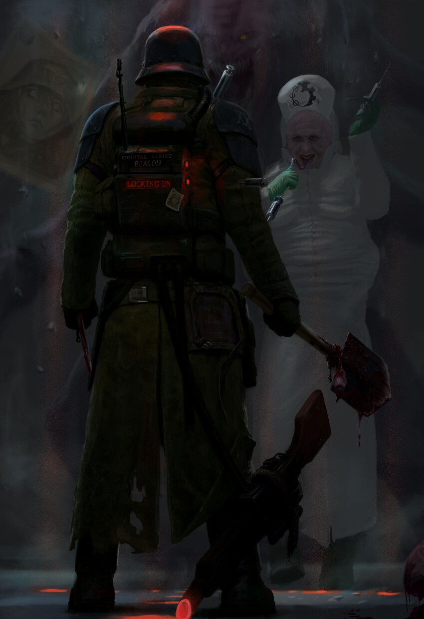 1other 2boys alex_cristi astra_militarum beacon behind_another belt blood coat combat_helmet commentary damaged death_korps_of_krieg drawing_(object) blood_drip empty_eyes english_commentary english_text fat fat_man forked_tongue from_behind genestealer gloves glowing glowing_eyes glowing_hot green_coat green_gloves helmet highres holding holding_shovel holding_syringe holding_weapon horror_(theme) imperium_of_man large_syringe looking_at_another military military_coat monster multiple_boys open_mouth orange_eyes oversized_object poster_(object) puffy_chest radio_antenna shovel soldier stand_off standing straight-on surgical_gloves surgical_gown syringe teeth tongue torn_clothes tyranid walking warhammer_40k weapon wrinkled_skin