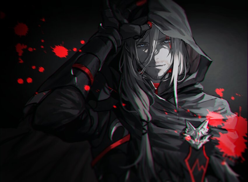 1boy armor blood blood_splatter cloak fulgur_ovid fulgur_ovid_(4th_costume) highres hood hooded_cloak long_hair nijisanji nijisanji_en official_alternate_costume senano-yu solo virtual_youtuber white_hair