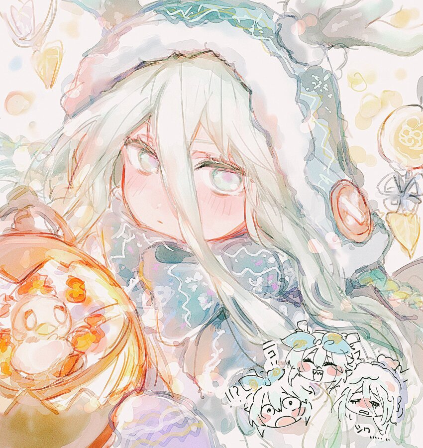 1girl antlers aqua_eyes aqua_hair beanie blue_hat blue_scarf blush chibi chibi_inset fate/grand_order fate_(series) hair_between_eyes hat highres holding holding_lantern horns lantern long_hair looking_at_viewer louhi_(fate) louhi_(first_ascension)_(fate) louhi_(second_ascension)_(fate) louhi_(third_ascension)_(fate) michi_(michi1023_hase) mittens open_mouth purple_mittens scarf smile solo_focus white_background