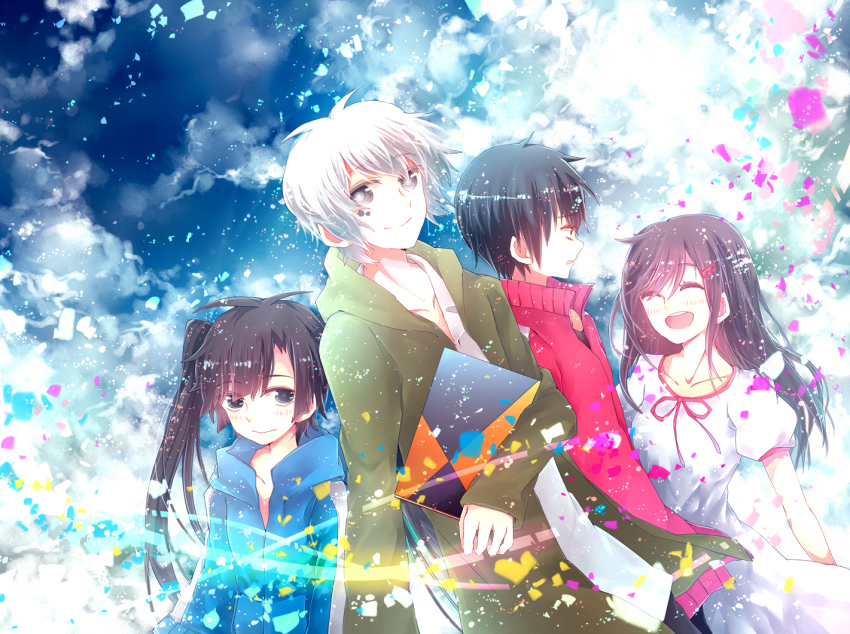 2boys 2girls :d ^_^ bad_id bad_pixiv_id black_eyes black_hair blush brown_hair closed_eyes cloud dress enomoto_takane everyone closed_eyes facial_tattoo grey_eyes happy hood hoodie kagerou_project kisaragi_shintarou kokonose_haruka long_hair multiple_boys multiple_girls open_mouth quartet ribbon short_hair shuumatsu_(lulux_woodoo) sky smile tateyama_ayano tattoo twintails white_hair wind