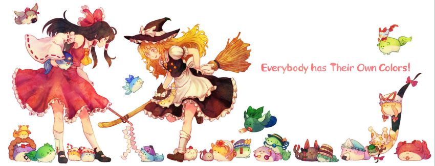 &gt;:3 2girls :3 =_= apron ascot black_skirt blonde_hair blush bow braid broom broom_riding brown_hair chen chikuwa cirno detached_sleeves dress english_text flandre_scarlet food fujiwara_no_mokou fujiwara_no_mokou_(phoenix) gap_(touhou) gohei hair_bow hair_tubes hakurei_reimu hat hat_bow highres inubashiri_momiji kaenbyou_rin kamishirasawa_keine kamishirasawa_keine_(hakutaku) kirisame_marisa kisume kochiya_sanae komeiji_koishi komeiji_satori long_hair miyako_yoshika moriya_suwako multiple_girls multiple_tails nazrin nazrin_(mouse) onigiri onozuka_komachi oonusa open_mouth red_dress reiuji_utsuho reiuji_utsuho_(bird) remilia_scarlet ribbon rope saigyouji_yuyuko shameimaru_aya shiki_eiki shimenawa simple_background skirt smile sukusuku_hakutaku tail tatara_kogasa terrajin third_eye tokin_hat toramaru_shou touhou two_tails v-shaped_eyebrows white_background white_legwear wings witch_hat yakumo_ran yakumo_yukari yasaka_kanako yellow_eyes
