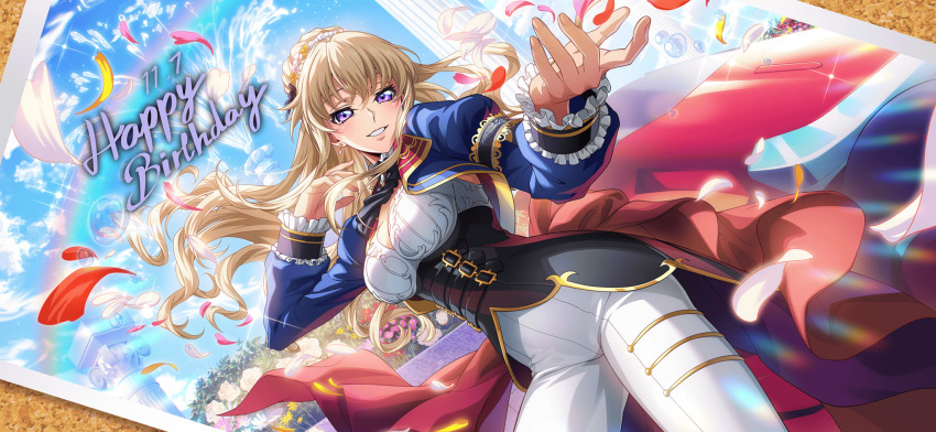 1girl birthday blonde_hair blue_sky breasts cloud code_geass code_geass:_boukoku_no_akito code_geass:_lost_stories f4samurai hair_bun happy_birthday highres leila_malcal long_hair official_art purple_eyes single_hair_bun sky smile solo teeth