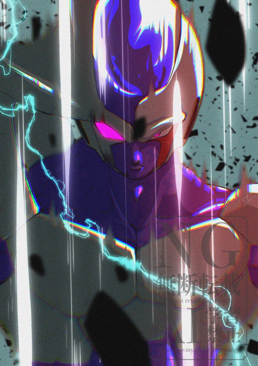1boy colored_skin cooler_(dragon_ball) debris dragon_ball dragonball_z grey_background highres male_focus powering_up purple_eyes purple_skin solo stktik09060906 transformation upper_body