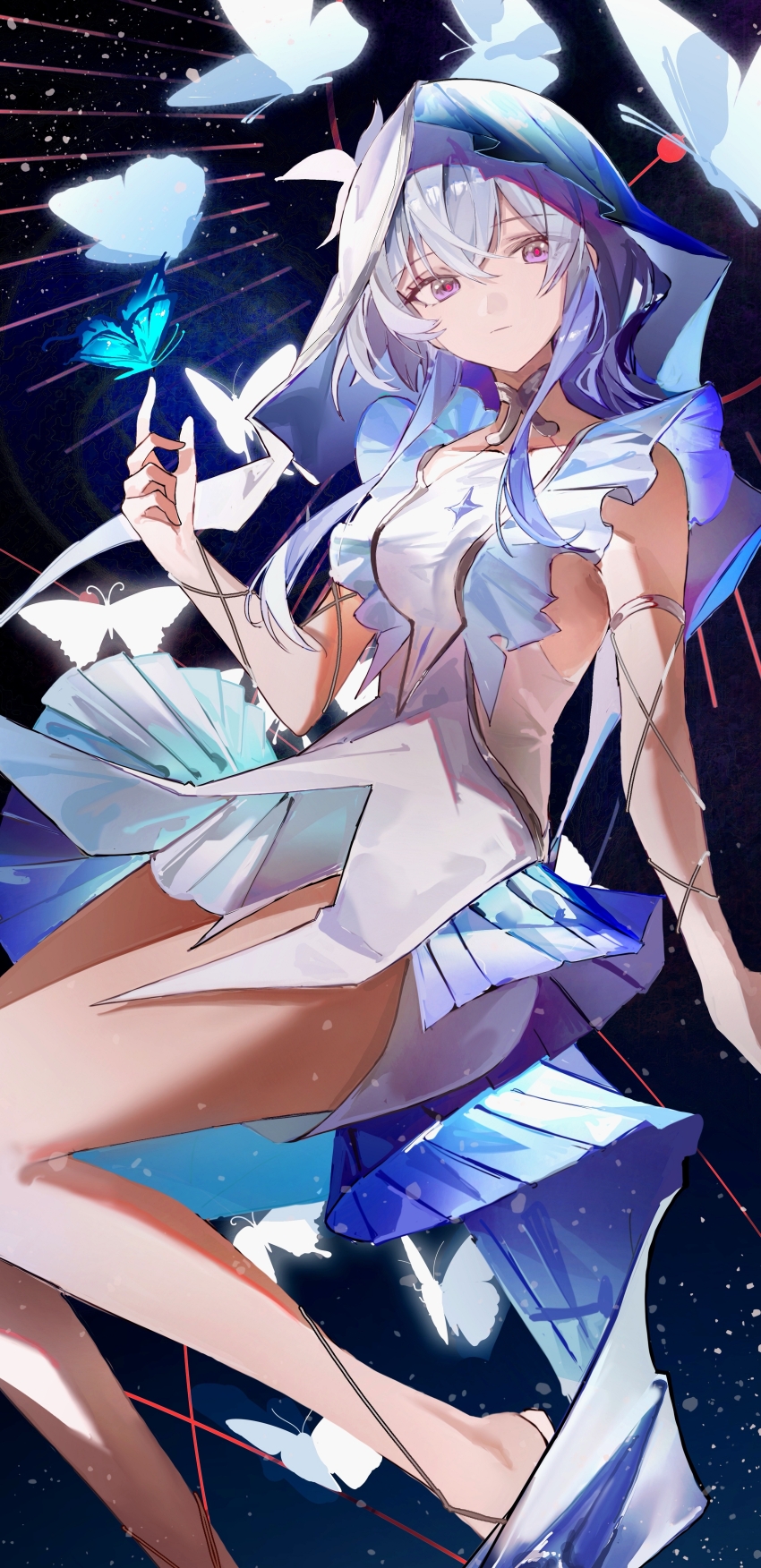 1girl absurdres blue_butterfly blue_hair blue_veil bug butterfly colored_eyelashes dress highres insect medium_hair purple_eyes red_pupils shorekeeper_(wuthering_waves) shuxiuxiao31244 solo two-tone_veil veil white_dress white_veil wuthering_waves
