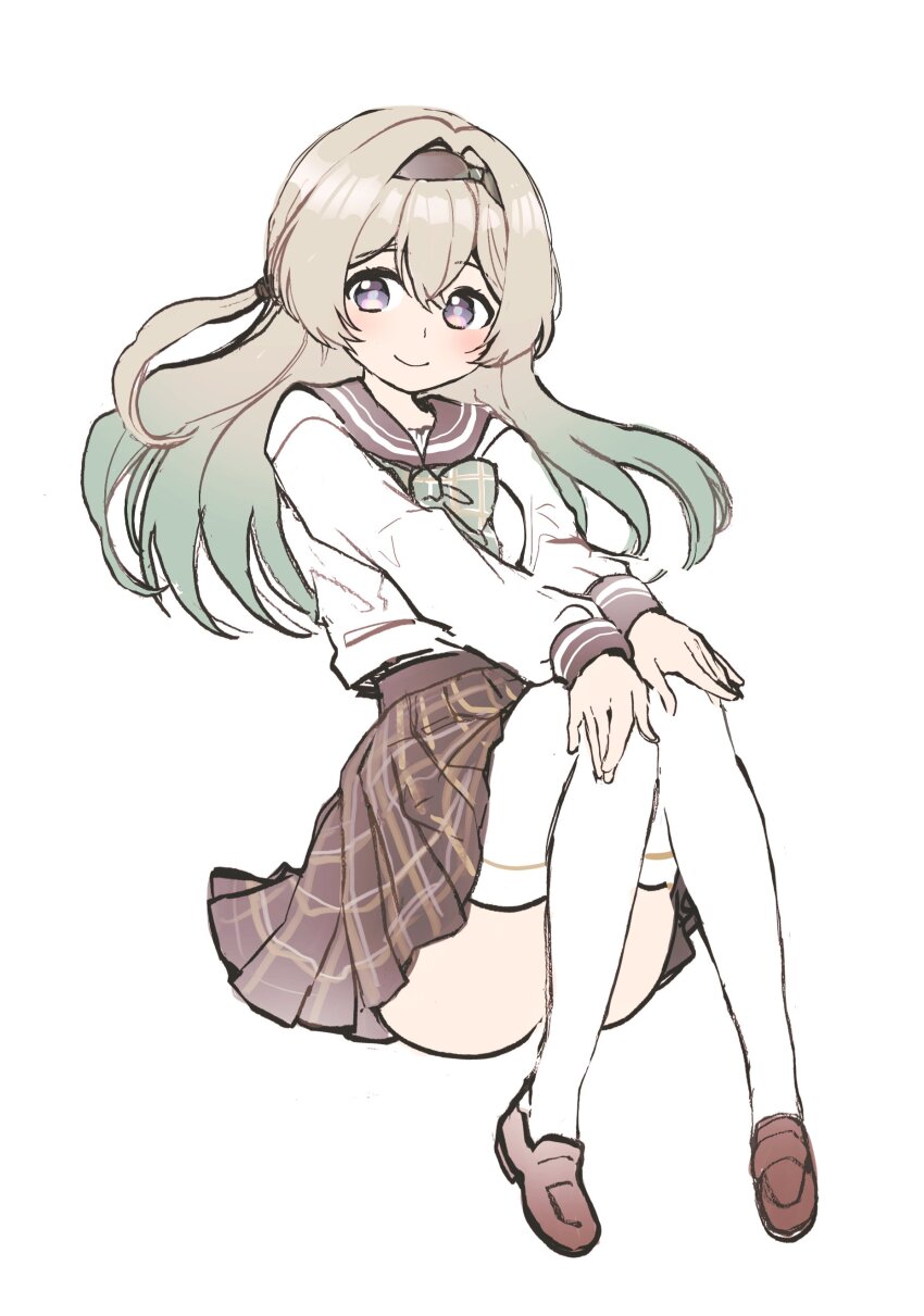1girl 5rwpvc absurdres blue_pupils blush bow bowtie brown_sailor_collar brown_shoes brown_skirt closed_mouth collared_shirt gradient_hair green_bow green_bowtie grey_hair hair_between_eyes hair_intakes hands_on_own_knees highres honkai:_star_rail honkai_(series) long_hair long_sleeves looking_at_viewer multicolored_eyes multicolored_hair plaid_bow plaid_bowtie plaid_clothes pleated_skirt sailor_collar shirt shoes simple_background skirt smile solo thighhighs white_background white_shirt white_sleeves white_thighhighs