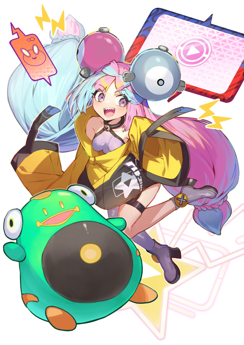 1girl absurdres bare_shoulders bellibolt blue_hair blush boots bow-shaped_hair breasts character_hair_ornament clip_studio_paint_(medium) creatures_(company) game_freak gen_4_pokemon grey_footwear grey_pantyhose hair_ornament halterneck hexagon_print high_heel_boots high_heels highres iono_(pokemon) jacket kikkaiki lightning_bolt_symbol long_hair long_sleeves low-tied_long_hair medium_breasts multicolored_hair nintendo open_mouth oversized_clothes pantyhose pink_hair play_button pokemon pokemon_(creature) pokemon_sv rotom rotom_phone screen screw sharp_teeth shirt single_leg_pantyhose sleeveless sleeves_past_fingers sleeves_past_wrists smile split-color_hair star_(symbol) teeth thigh_strap two-tone_hair very_long_sleeves x yellow_jacket
