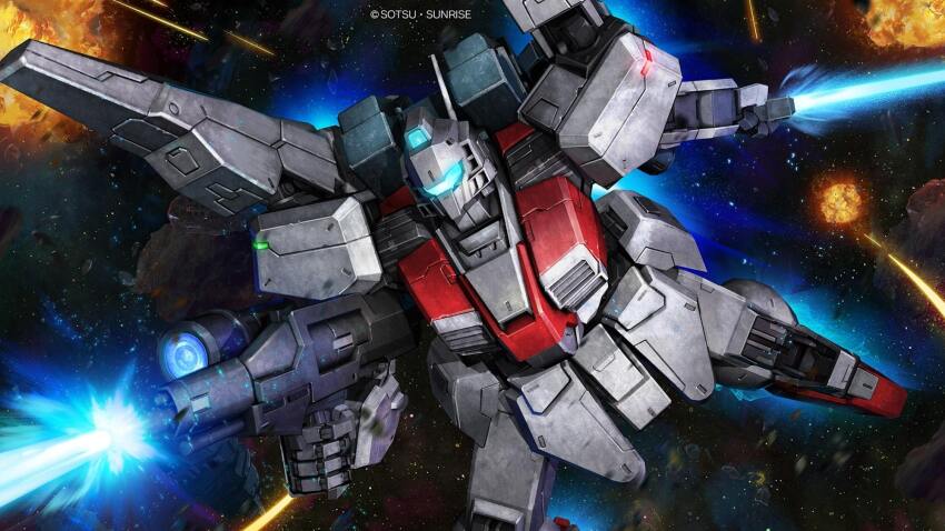 artist_request assault_visor beam_rifle blue_visor company_name copyright_notice energy_beam energy_gun energy_sword explosion firing gundam gundam_battle_operation_2 gundam_sentinel highres holding holding_weapon machinery mecha mecha_focus mobile_suit nero_(mobile_suit) nero_trainer no_humans official_art radio_antenna realistic robot science_fiction scope solo space star_(sky) sunrise_(company) sword thrusters weapon