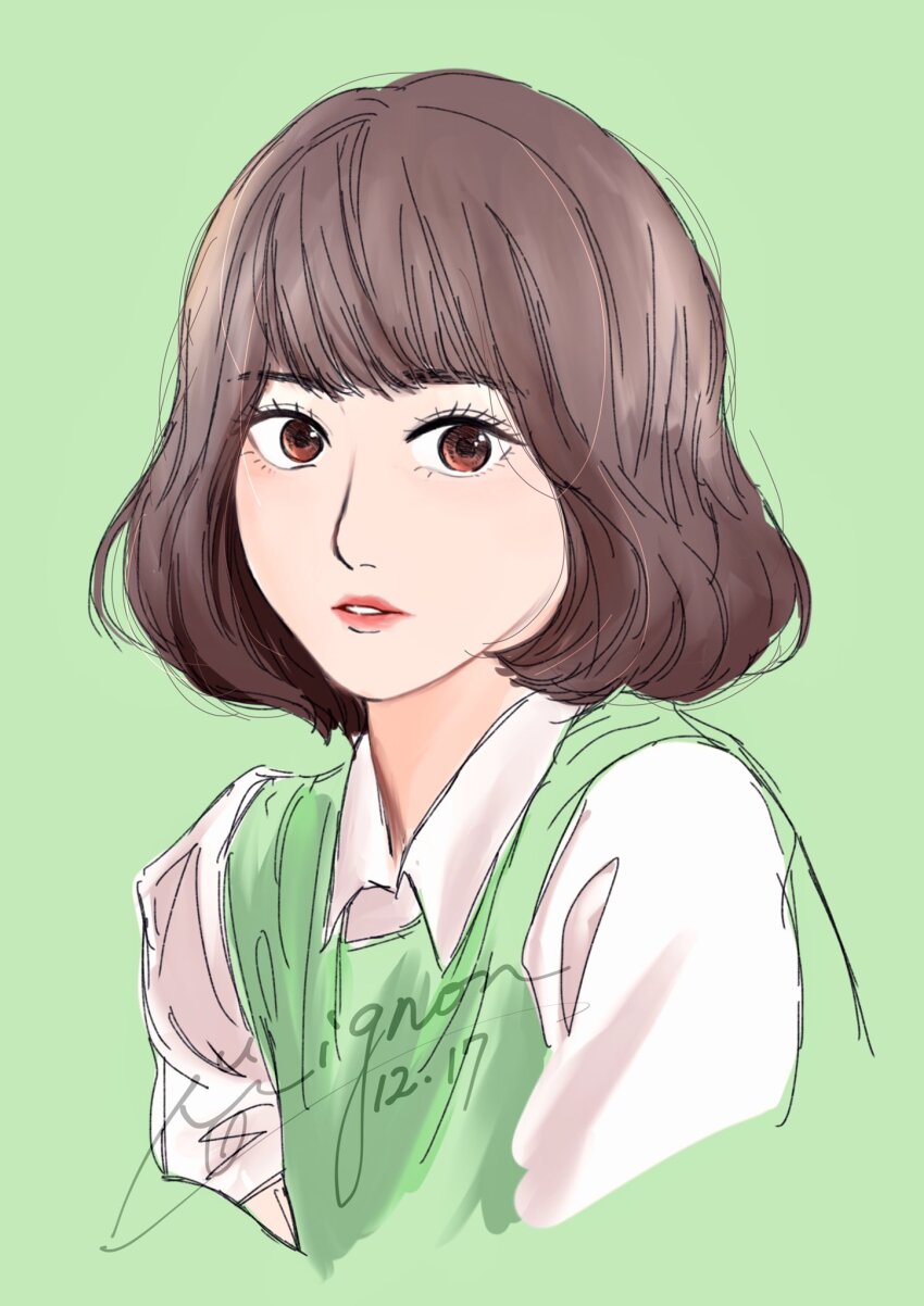 1girl blunt_bangs bob_cut brown_eyes brown_hair collared_shirt commentary eunha_(gfriend) gfriend green_background highres k-pop looking_at_viewer makeup mascara mignon94776761 parted_lips real_life shirt signature simple_background solo upper_body white_shirt