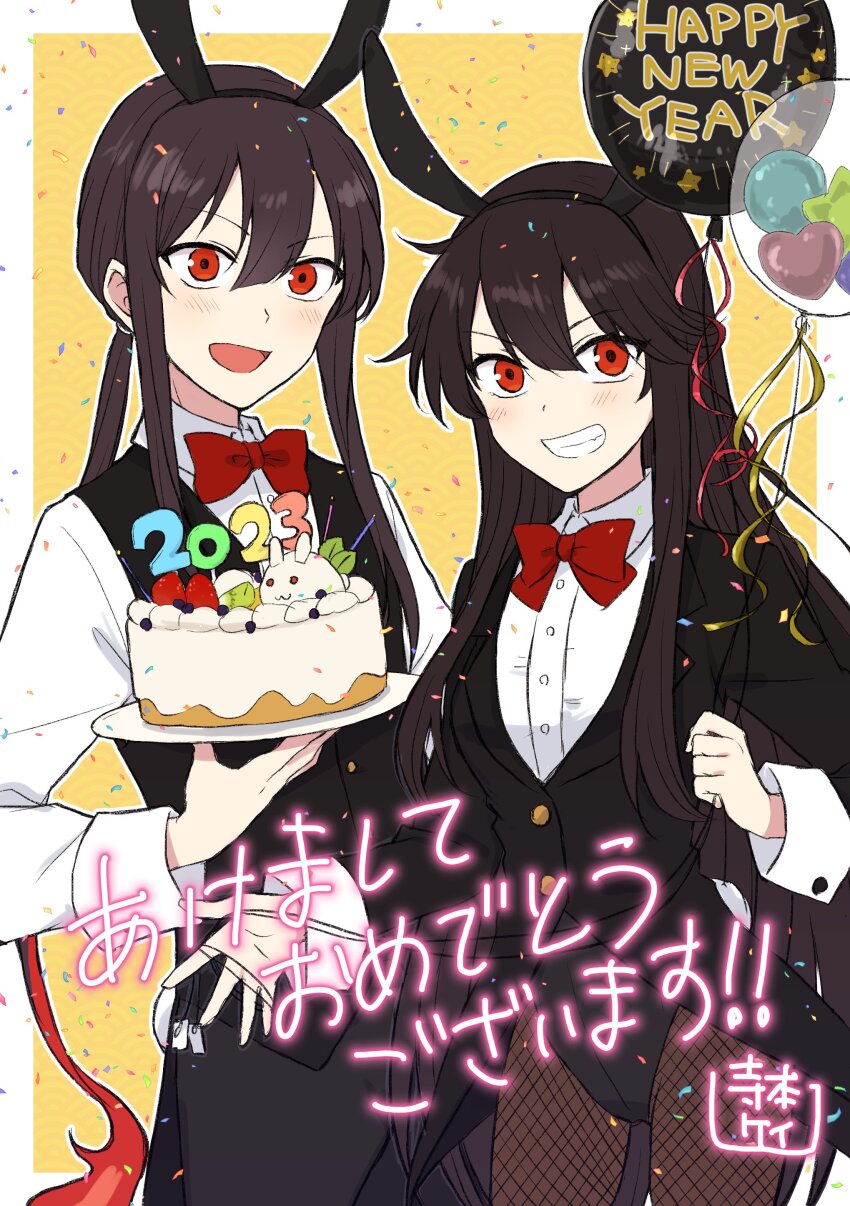 1boy 1girl 2023 :d absurdres alternate_costume animal_ear_hairband animal_ears balloon black_jacket black_leotard black_pants black_vest blush border bow bowtie brother_and_sister brown_hair cake center-flap_bangs coattails collared_shirt confetti cowboy_shot cropped_jacket fake_animal_ears fate/grand_order fate_(series) fiery_hair fishnet_pantyhose fishnets food grin hair_between_eyes hairband hand_up happy_new_year highres holding holding_balloon holding_plate jacket leaf leotard long_hair long_sleeves looking_at_viewer low_ponytail new_year number_candle oda_nobukatsu_(fate) oda_nobunaga_(fate) open_mouth outline outside_border pants pantyhose patterned_background plate playboy_bunny ponytail rabbit_ears rabbit_tail red_bow red_bowtie red_eyes seigaiha shirt siblings sidelocks smile snow_rabbit star_(symbol) strawberry_shortcake tail teramoto_kei traditional_bowtie v-shaped_eyebrows very_long_hair vest waiter white_border white_outline white_shirt wing_collar yellow_background