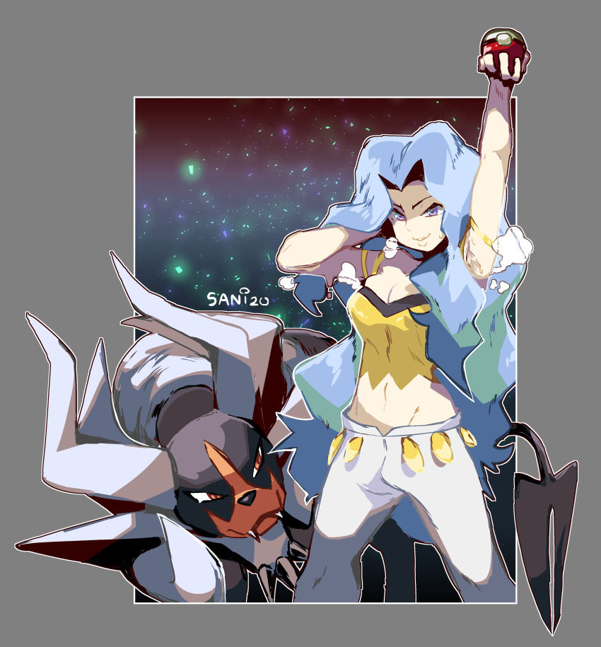 1girl absurdres bare_shoulders blue_hair breasts crop_top dog fangs gen_2_pokemon highres houndoom karen_(pokemon) long_hair medium_breasts mega_houndoom mega_pokemon nintendo pants poke_ball pokemon pokemon_hgss sanikink sleeveless