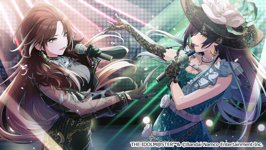 2girls black_gloves breasts dress earrings gloves holding holding_microphone idolmaster idolmaster_shiny_colors jewelry long_hair microphone multiple_girls official_art shirase_sakuya