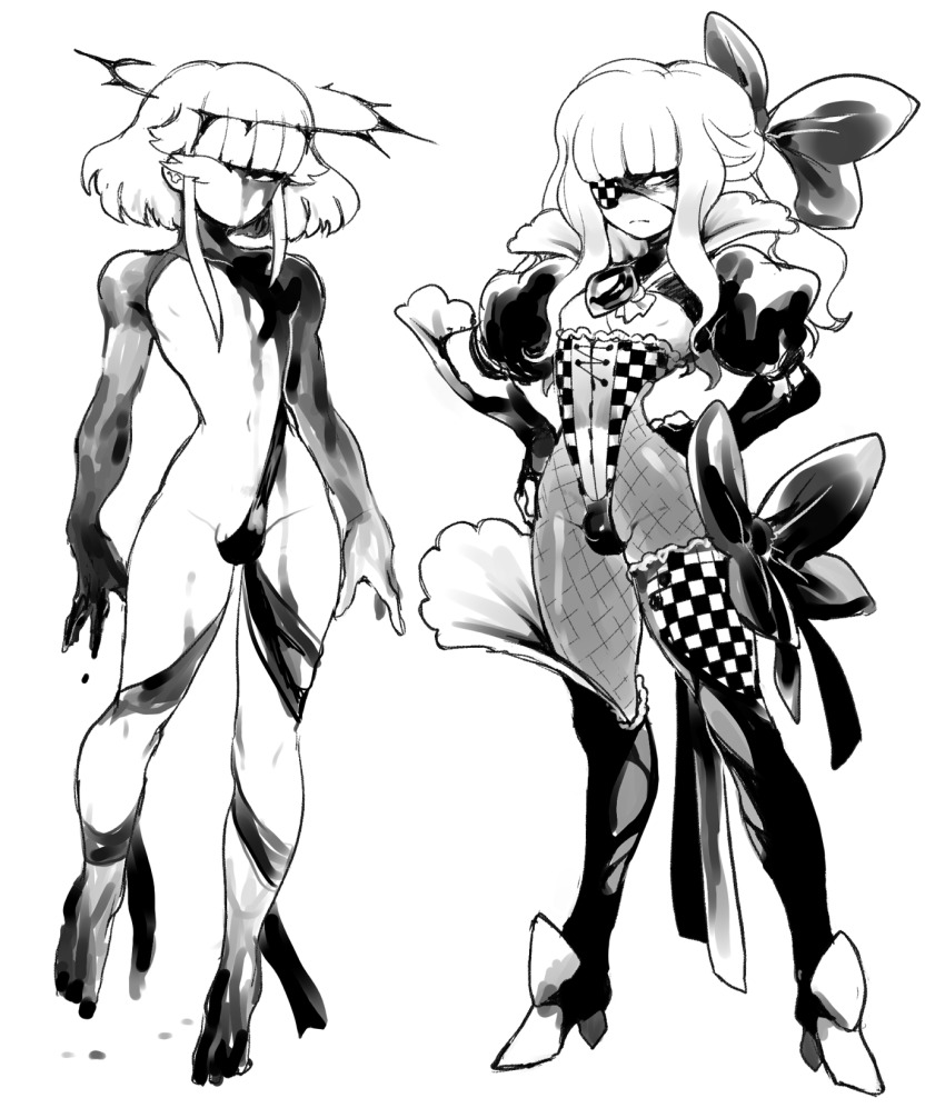 2boys angry asymmetrical_eyes asymmetrical_legwear blunt_bangs bow braid bulge checkered_clothes closed_mouth crossdressing curvy demi_(dizzyspells) dizzyspells dripping dual_persona elbow_gloves eyelashes eyepatch feminine fishnet_pantyhose fishnets frilled_leotard frills full_body gloves hair_bow hands_on_own_hips high_collar high_heels highres leotard long_hair long_sleeves looking_at_viewer looking_to_the_side male_focus monochrome multiple_boys navel no_mouth one_leg_raised original pantyhose puffy_short_sleeves puffy_sleeves revealing_clothes shaded_face short_hair short_sleeves sidelocks sideways_glance simple_background skin_tight standing testicle_peek testicles thighhighs trap white_background