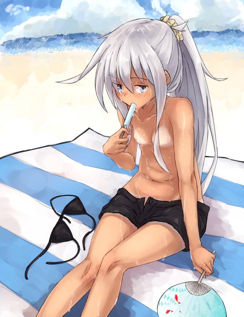 1girl alternate_hairstyle bad_id bad_pixiv_id beach bikini bikini_top_only black_bikini black_shorts blue_eyes blue_sky blush cloudy day food hair_between_eyes hair_over_breasts hair_over_one_breast hand_fan hibiki_(kancolle) highres ice kantai_collection kuuru_(kuuru-n) long_hair looking_at_viewer nipples ocean paper_fan ponytail popsicle short_shorts shorts silver_hair sitting sky swimsuit tan tanline topless_female uchiwa verniy_(kancolle)