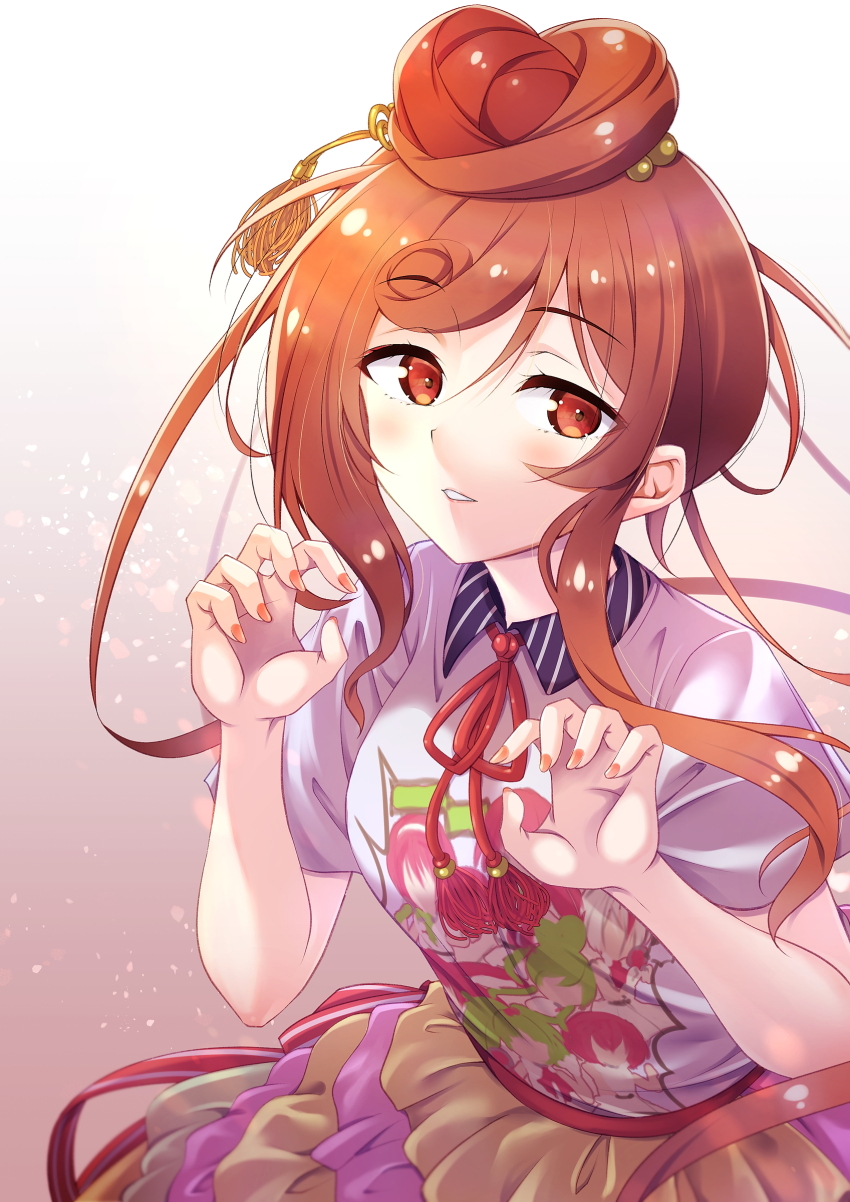 1girl absurdres brown_hair highres looking_at_viewer murasaki_atsushi red_eyes red_nails shirt smile solo white_shirt yuugiri_(zombie_land_saga) zombie_land_saga