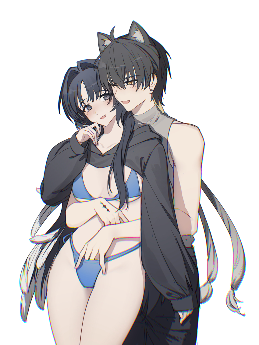 1boy 1girl absurdres alternate_costume bikini black_eyes black_hair black_pants black_shrug blue_bikini blush breasts collarbone commentary_request couple cowboy_shot feather_hair grey_shirt hair_intakes hand_in_bikini hand_on_another&#039;s_stomach hand_up hetero highres hood hood_down hug hug_from_behind kohane_kun long_hair looking_at_another male_rover_(wuthering_waves) medium_breasts mole mole_under_eye one_eye_closed pants revision rover_(wuthering_waves) shirt shrug_(clothing) simple_background sleeveless sleeveless_shirt smile swimsuit tacet_mark_(wuthering_waves) very_long_hair white_background wuthering_waves yangyang_(wuthering_waves) yellow_eyes