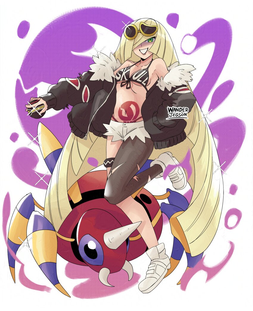 1girl absurdres adapted_costume ariados artist_name asymmetrical_eyewear asymmetrical_legwear bikini black_bikini black_bra black_jacket blonde_hair bra bug cosplay eyewear_on_head fangs full_body fur_trim gen_2_pokemon green_eyes grin guzma_(pokemon) guzma_(pokemon)_(cosplay) hair_over_one_eye hand_in_pocket highleg highleg_panties highres horns jacket jewelry leg_up long_hair looking_at_viewer lusamine_(pokemon) mismatched_legwear navel necklace nintendo open_clothes open_mouth panties pantyhose poke_ball pokemon pokemon_(creature) pokemon_sm shaded_face shorts signature single_horn single_leg_pantyhose single_thighhigh skull_necklace smile spider standing stomach_tattoo sunglasses swimsuit tattoo team_skull team_skull_uniform thigh_strap thighhighs torn_clothes torn_pantyhose torn_shorts underwear uneven_legwear very_long_hair wanderjegson white_background white_footwear white_shorts yellow-framed_eyewear