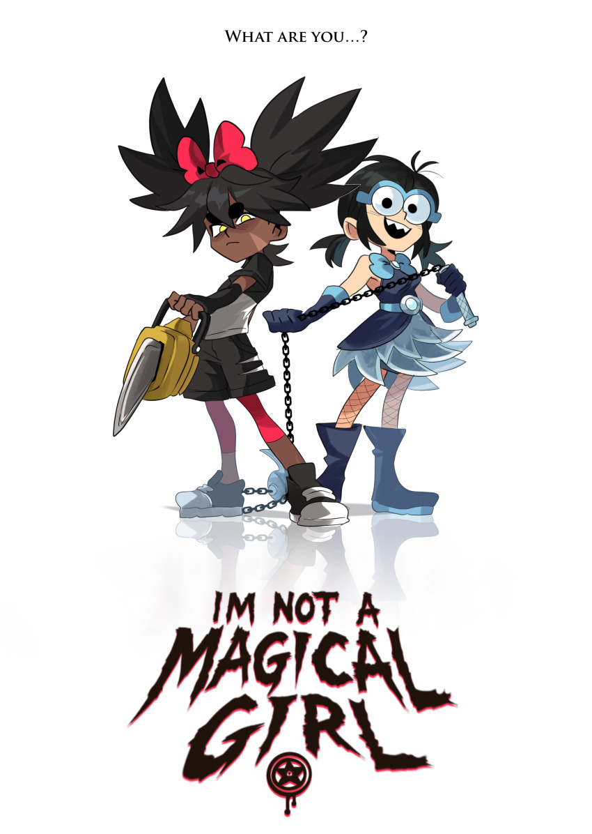 2girls absurdres belt black_hair boots bow cassie_su chain chainsaw dark-skinned_female dark_skin dress fishnet_pantyhose fishnets glasses highres i&#039;m_not_a_magical_girl leggings low_twintails lulu_kasuko magical_girl marnie_(marnielovesyou) multiple_girls original pale_skin pantyhose scar scar_on_face sharp_teeth shoes short_twintails shorts sneakers teeth twintails very_dark_skin yellow_eyes