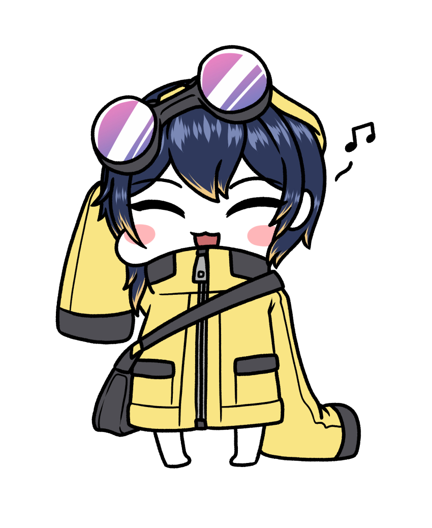 :3 aged_down bag blonde_hair blue_hair blush_stickers chibi closed_eyes eyewear_on_head full-length_zipper highres jacket last_origin looking_at_viewer multicolored_hair musical_note oversized_clothes short_hair shoulder_bag smile spoken_musical_note sterling_(last_origin) two-tone_hair waterbear white_background zipper zipper_pull_tab