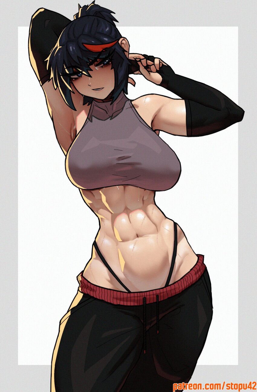 1girl abs absurdres armpits arms_behind_head artist_name black_hair black_panties black_pants blue_eyes breasts bridal_gauntlets commentary contrapposto cowboy_shot crop_top drawstring english_commentary hair_between_eyes halterneck highleg highleg_panties highres kill_la_kill large_breasts looking_to_the_side lower_teeth_only matoi_ryuuko multicolored_hair muscular muscular_female navel outside_border panties pants panty_straps parted_lips patreon_username red_hair short_hair solo standing stopu streaked_hair stretching string_panties sweat sweatpants teeth two-tone_hair underwear watermark web_address white_background