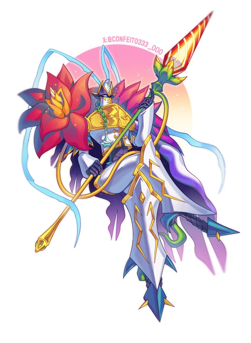 armor bloomlordmon blue_eyes chinese_commentary commentary_request confeito000_333 crossed_legs digimon digimon_(creature) flower full_body hat highres holding holding_polearm holding_weapon invisible_chair knight looking_at_viewer petals pink_petals polearm red_flower simple_background sitting solo spear twitter_username weapon white_armor white_background white_hat