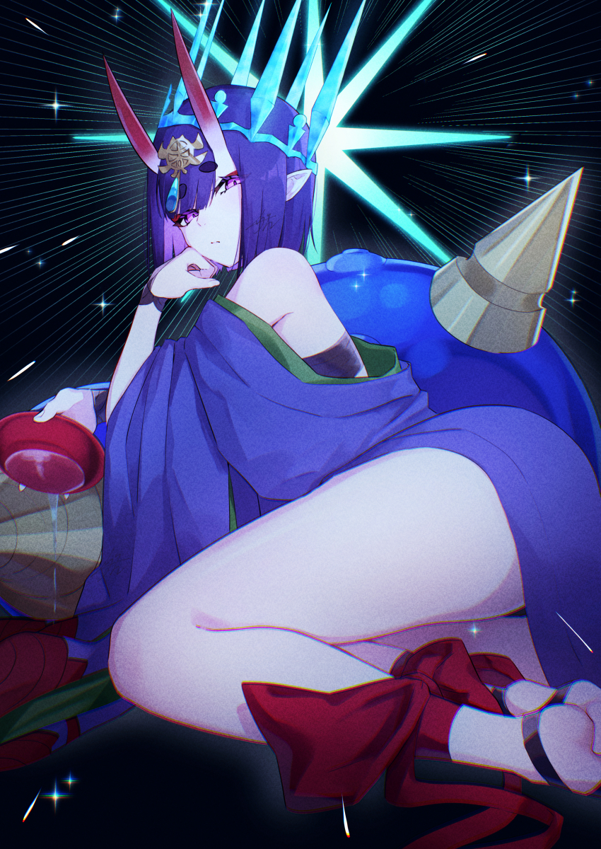 1girl absurdres alcohol ankle_ribbon ass bare_shoulders breasts crown cup eyeliner fate/grand_order fate_(series) headpiece highres horns izanaware_game japanese_clothes kimono leg_ribbon long_sleeves looking_at_viewer lying makeup off_shoulder oni pointy_ears purple_eyes purple_hair purple_kimono ribbon sakazuki sake short_hair shuten_douji_(fate) skin-covered_horns small_breasts solo wide_sleeves