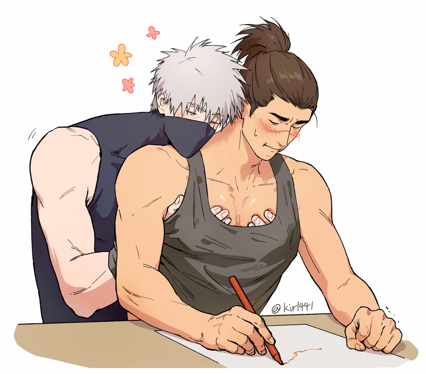 2boys black_tank_top blush brown_hair distracted flower_symbol grabbing_from_behind hand_under_clothes happy_aura hatake_kakashi highres kir1441 male_focus multiple_boys naruto_(series) naruto_shippuuden pectoral_cleavage pectoral_grab pectorals scar scar_on_face shirt shy simple_background sleeveless sleeveless_shirt tank_top thick_eyebrows toned toned_male umino_iruka upper_body writing yaoi