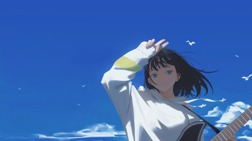 1girl absurdres arm_up bird black_hair blue_eyes chinese_commentary closed_mouth commentary_request floating_hair guitar highres holding holding_guitar holding_instrument hood hood_down hoodie instrument kimi_no_iro looking_at_viewer medium_hair sakunaga_kimi sleeves_past_wrists solo v white_hoodie yao_liao_wang