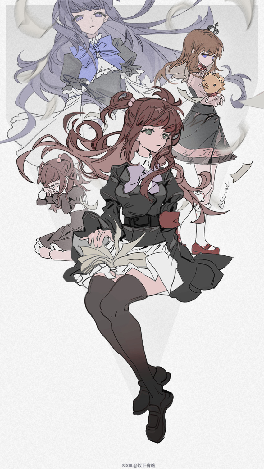 4girls armband artist_name beads belt black_footwear black_jacket black_skirt black_thighhighs blue_bow blue_bowtie blue_eyes blue_hair book book_on_lap border bow bowtie brown_hair crown expressionless floating_hair frederica_bernkastel frilled_sleeves frills full_body green_eyes hair_beads hair_ornament hands_on_own_face highres holding holding_stuffed_toy jacket juliet_sleeves kneehighs long_hair long_sleeves looking_at_viewer mary_janes medium_hair multiple_girls paper pink_shirt puffy_short_sleeves puffy_sleeves purple_bow purple_bowtie sakutarou_(umineko) seiza shirt shoes short_sleeves signature simple_background sitting sixii skirt socks standing stuffed_animal stuffed_lion stuffed_toy thighhighs two_side_up umineko_no_naku_koro_ni ushiromiya_ange ushiromiya_maria white_background white_border white_skirt white_socks