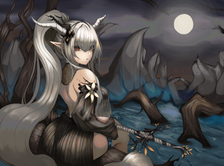 1girl absurdres arknights ass back bare_shoulders commentary detached_sleeves english_commentary full_moon funky_dea1er hair_between_eyes highres holding holding_sword holding_weapon horns infection_monitor_(arknights) long_hair moon parted_lips ponytail red_eyes shining_(arknights) shining_(silent_night)_(arknights) sitting solo sword very_long_hair weapon white_hair