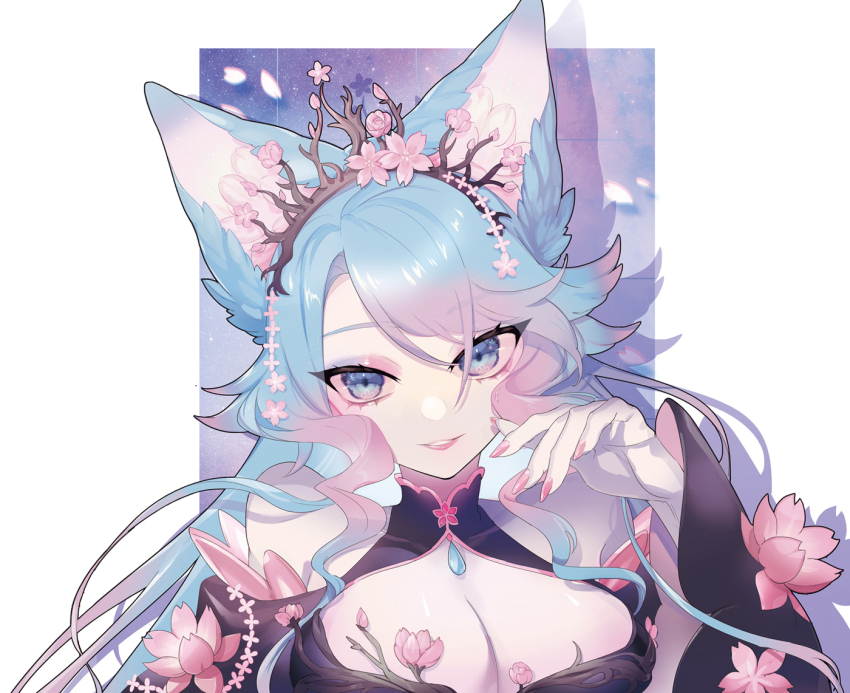 1girl animal_ear_fluff animal_ears blue_eyes blue_hair breasts cleavage flower gradient_hair hair_flower hair_ornament indie_virtual_youtuber large_breasts long_hair looking_at_viewer multicolored_hair pink_hair puppeteer7777 silvervale smile solo virtual_youtuber wolf_ears wolf_girl
