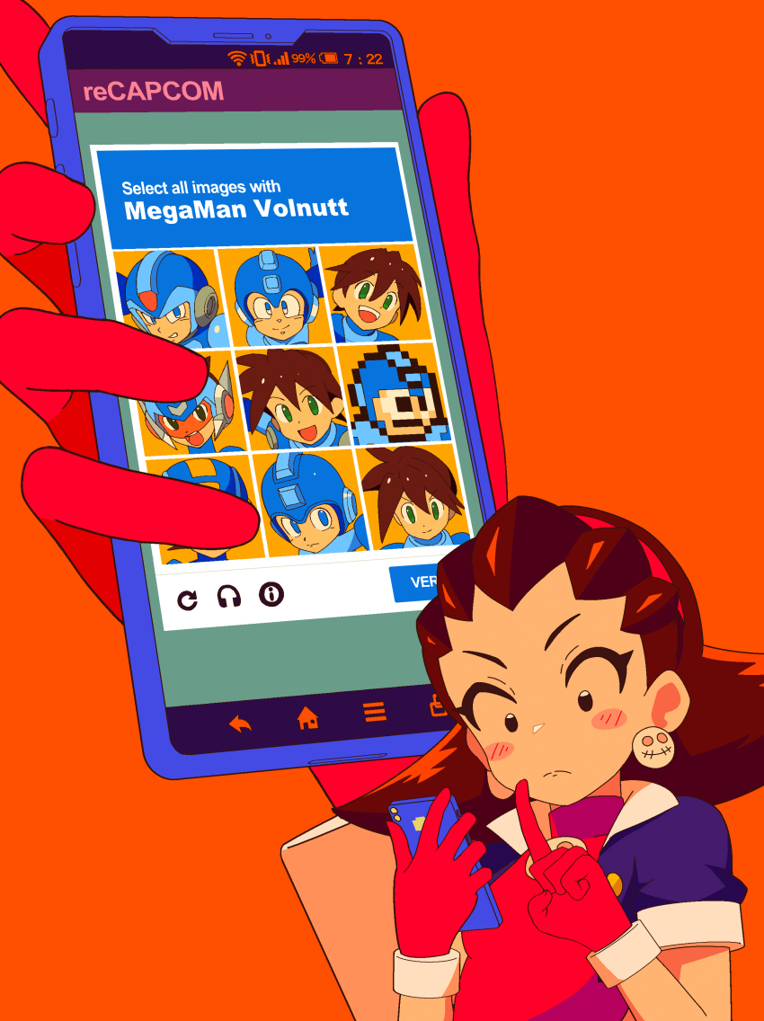 1girl absurdres black_eyes blush_stickers brown_hair captcha cellphone closed_mouth commentary cropped_jacket dress earrings english_text gloves hairband hands_up highres holding holding_phone in-franchise_crossover jewelry light_frown medium_hair mega_man_(character) mega_man_(classic) mega_man_(series) mega_man_battle_network_(series) mega_man_legends mega_man_legends_(series) mega_man_star_force_(series) mega_man_volnutt mega_man_x_(series) megaman.exe multiple_views orange_background phone pink_dress pink_gloves simple_background smartphone star_force_mega_man tron_bonne_(mega_man) upper_body v-shaped_eyebrows x_(mega_man) yodok