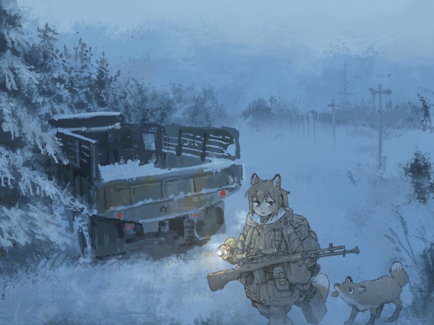 1girl absurdres animal_ear_fluff animal_ears bag battle_rifle brown_eyes brown_hair car flashlight fog fox fox_ears fox_girl gloves green_bag green_jacket green_pants grey_gloves gun highres holding holding_bag holding_flashlight holding_gun holding_weapon jacket long_hair looking_at_animal m14 motor_vehicle original pants ponytail rifle scenery snow solo tree weapon yihan_world