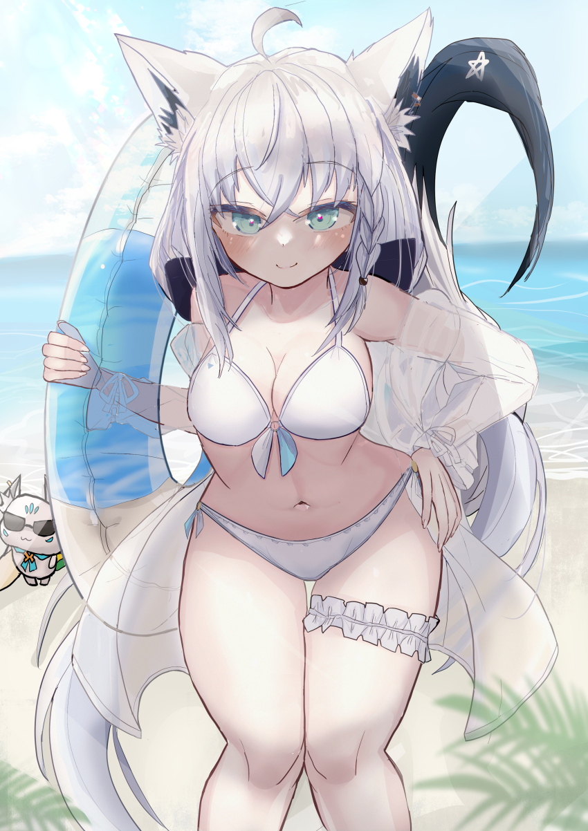 1girl 1other absurdres ahoge animal_ear_fluff animal_earrings animal_ears aqua_eyes bare_shoulders bikini blush braid breasts closed_mouth collarbone fox_ears fox_girl fox_tail frilled_thigh_strap fubuchun hair_between_eyes hand_on_own_hip highres holding hololive innertube large_breasts long_hair looking_at_viewer matudo_yuu navel pentagram see-through_clothes shirakami_fubuki side_braid solo_focus stomach sunglasses swim_ring swimsuit tail thigh_strap thighs virtual_youtuber white_bikini