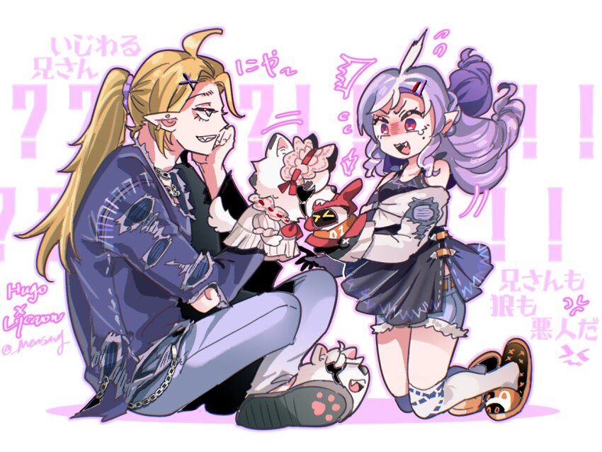 1boy 1girl ahoge animal_slippers bangboo_(zenless_zone_zero) blonde_hair blue_jacket blue_pants blue_shirt chain chain_necklace drill_hair eous_(zenless_zone_zero) fur_shorts hugo_vlad jacket jewelry kneehighs kneeling looking_at_another mensang mole mole_under_eye necklace open_mouth pants pointy_ears ponytail purple_hair red_eyes shirt shoes sitting slippers smile socks torn_clothes torn_jacket twin_drills vivian_banshee von_lycaon zenless_zone_zero