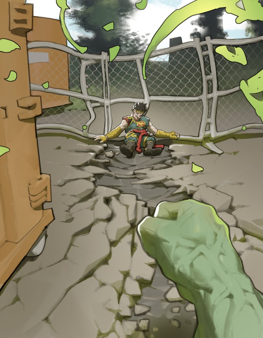2boys absurdres avengers_(series) black_hair chain-link_fence colored_skin commentary defeat english_commentary fence green_skin highres hulk iron_fist_(marvel) lin_lie_(marvel) marvel marvel_rivals mask meme multiple_boys muscular muscular_male outdoors pacpoi pov punched road short_hair superhero_costume