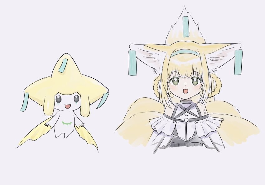 1girl animal_ears arknights blonde_hair crossover fox_ears fox_girl fox_tail gen_3_pokemon green_eyes hairband highres jirachi landl legendary_pokemon mythical_pokemon nintendo pokemon pokemon_(creature) simple_background smile suzuran_(arknights) tail