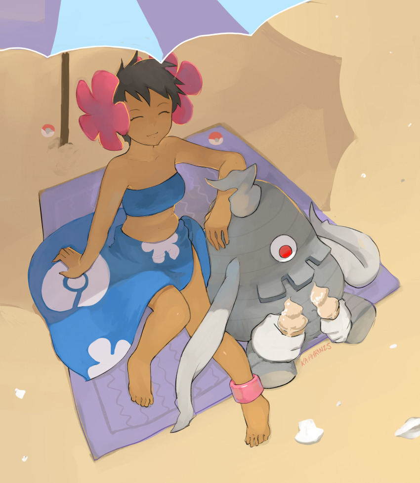 1girl absurdres anklet artist_name bandeau bare_arms barefoot beach_towel beach_umbrella blue_bandeau blue_sarong closed_eyes closed_mouth dark-skinned_female dark_skin day dusclops gen_3_pokemon hair_ornament highres ice_cream_cone jewelry kaphrin mixed-language_commentary nintendo outdoors phoebe_(pokemon) poke_ball poke_ball_(basic) pokemon pokemon_(creature) pokemon_rse sand sarong shadow short_hair signature sitting toes towel umbrella
