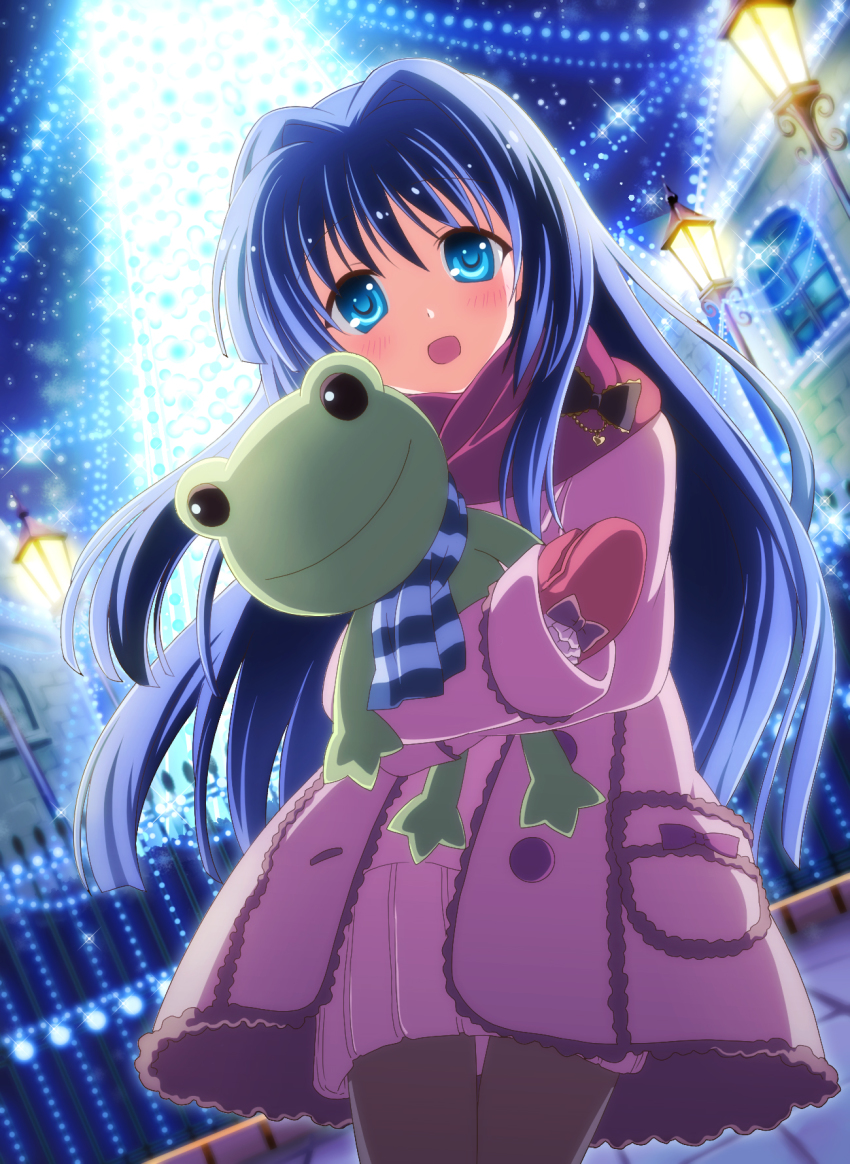 1girl artist_request blue_eyes blue_hair christmas_tree coat commentary_request cowboy_shot from_below hair_intakes highres hugging_doll hugging_object kanon keropii lamppost long_hair minase_nayuki pink_coat pink_skirt pleated_skirt purple_scarf scarf skirt solo standing stuffed_animal stuffed_frog stuffed_toy