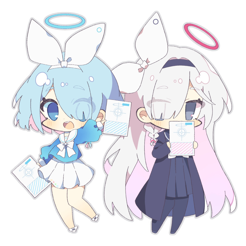 2girls arona_(blue_archive) black_eyes black_hairband black_pantyhose black_serafuku blue_archive blue_eyes blue_hair blue_halo braid chibi colored_inner_hair covered_mouth full_body hair_over_one_eye hairband halo highres holding holding_paper komano_shia long_hair long_sleeves multicolored_hair multiple_girls open_mouth pantyhose paper pink_hair plana_(blue_archive) red_halo sailor_collar school_uniform serafuku short_hair side_braid single_braid skirt white_hair white_hairband white_skirt