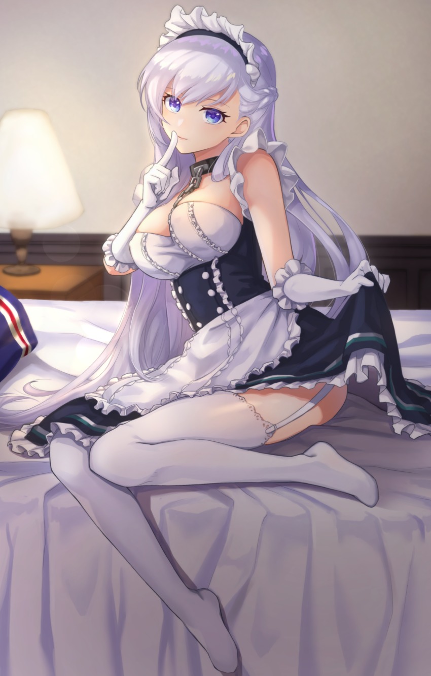 1girl apron azur_lane bed bed_sheet belfast_(azur_lane) blue_eyes blurry braid breasts chain cleavage clothes_lift collar commentary_request depth_of_field desk_lamp dress dress_lift elbow_gloves feet female_focus finger_to_mouth french_braid garter_straps gloves head_tilt highres index_finger_raised kon_(k0n16) lamp lifting_own_clothes long_hair looking_at_viewer maid maid_apron maid_headdress no_shoes silver_hair sitting smile solo white_gloves white_legwear