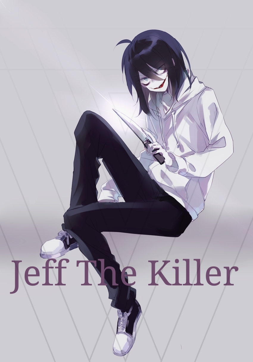 1boy 779762391_(lofter) ahoge androgynous bags_under_eyes black_hair black_pants black_shoes blue_eyes breasts character_name chinese_commentary colored_skin commentary_request converse creepypasta double-parted_bangs drawstring eyes_visible_through_hair fingernails full_body glasgow_smile grey_background hair_between_eyes highres holding holding_knife hood hood_down hoodie invisible_chair jeff_the_killer kitchen_knife knee_up knife long_sleeves male_focus medium_breasts open_mouth pants puffy_long_sleeves puffy_sleeves shoelaces shoes simple_background sitting smile straight_hair teeth tongue triangle upper_teeth_only v-shaped_eyebrows white_hoodie white_skin