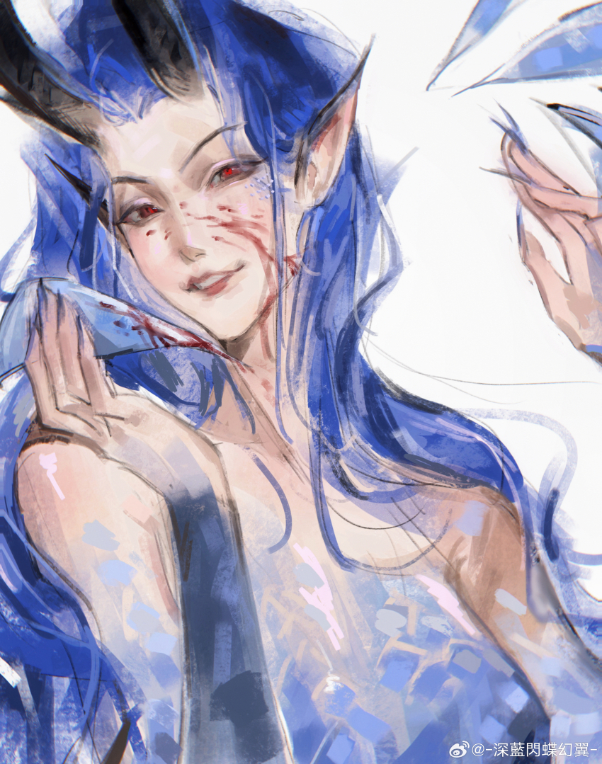 1girl absurdres ao_run_(nezha_zhi_motong_jiangshi) blood blood_on_face blue_hair blue_scales breasts dragon_girl dragon_horns highres horns long_hair medium_breasts nezha_zhi_motong_jiangshi red_eyes sitting solo very_long_hair weibo_7893510258