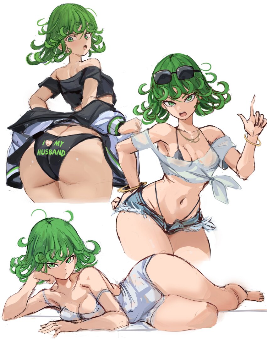 1girl ass bikini bikini_under_clothes black_jacket black_panties black_shirt bracelet breasts collarbone cowboy_shot crop_top curly_hair curvy cutoffs denim denim_shorts dress eyewear_on_head green_eyes green_hair hand_on_own_hip highres index_finger_raised jacket jewelry looking_at_viewer lying micro_shorts midriff navel on_side one-punch_man open_clothes open_jacket open_mouth panties rakeemspoon shirt short_dress short_hair shorts simple_background solo sunglasses swimsuit tatsumaki tied_shirt underwear white_background white_dress white_shirt wide_hips