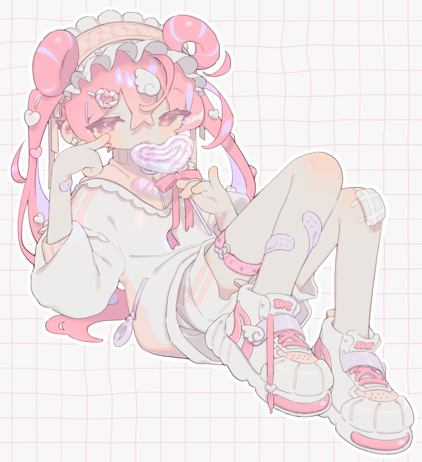 1girl bandage_on_knee bandaid bandaid_on_arm bandaid_on_leg candy colored_inner_hair double_bun double_vertical_stripe earrings food frilled_headwear grid_background hair_bun hair_ornament hair_ribbon heart heart-shaped_food heart_hair_ornament heart_o-ring highres holding holding_candy holding_food holding_lollipop jewelry knees_together_feet_apart knees_up lightning_bolt_earrings lightning_bolt_symbol lollipop long_hair looking_at_viewer maid_headdress multicolored_hair o-ring official_art original outline pink_eyes pink_hair pink_ribbon pinky_out pointing pointing_at_self ribbon shoes shorts sitting sneakers sparkle sweater tendoshi thigh_strap tongue tongue_out turtleneck turtleneck_sweater twintails white_footwear white_outline white_shorts wing_hair_ornament