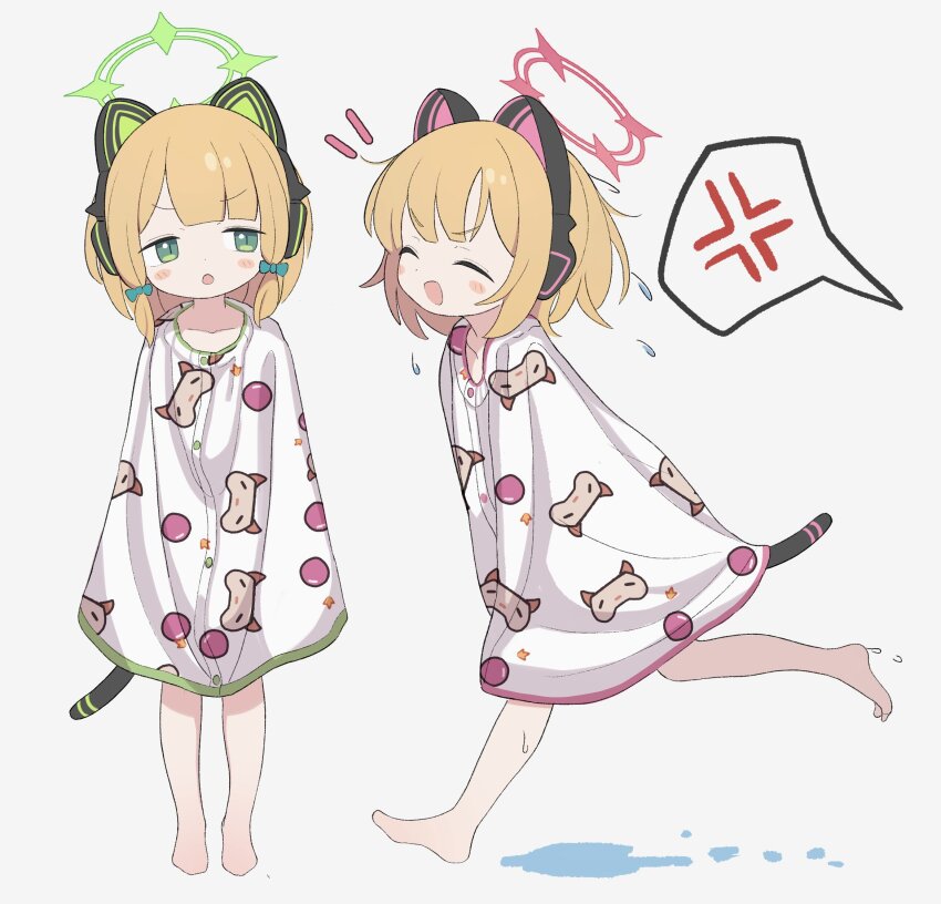 2girls anger_vein animal_ear_headphones animal_ears barefoot blonde_hair blue_archive blush bow cat_tail closed_eyes collarbone fake_animal_ears green_bow green_eyes hair_bow halo headphones highres ketsu_juuji_killer_(kejuki) midori_(blue_archive) momoi_(blue_archive) multiple_girls open_mouth short_hair siblings simple_background sisters spoken_anger_vein tail twins white_background wrap_towel