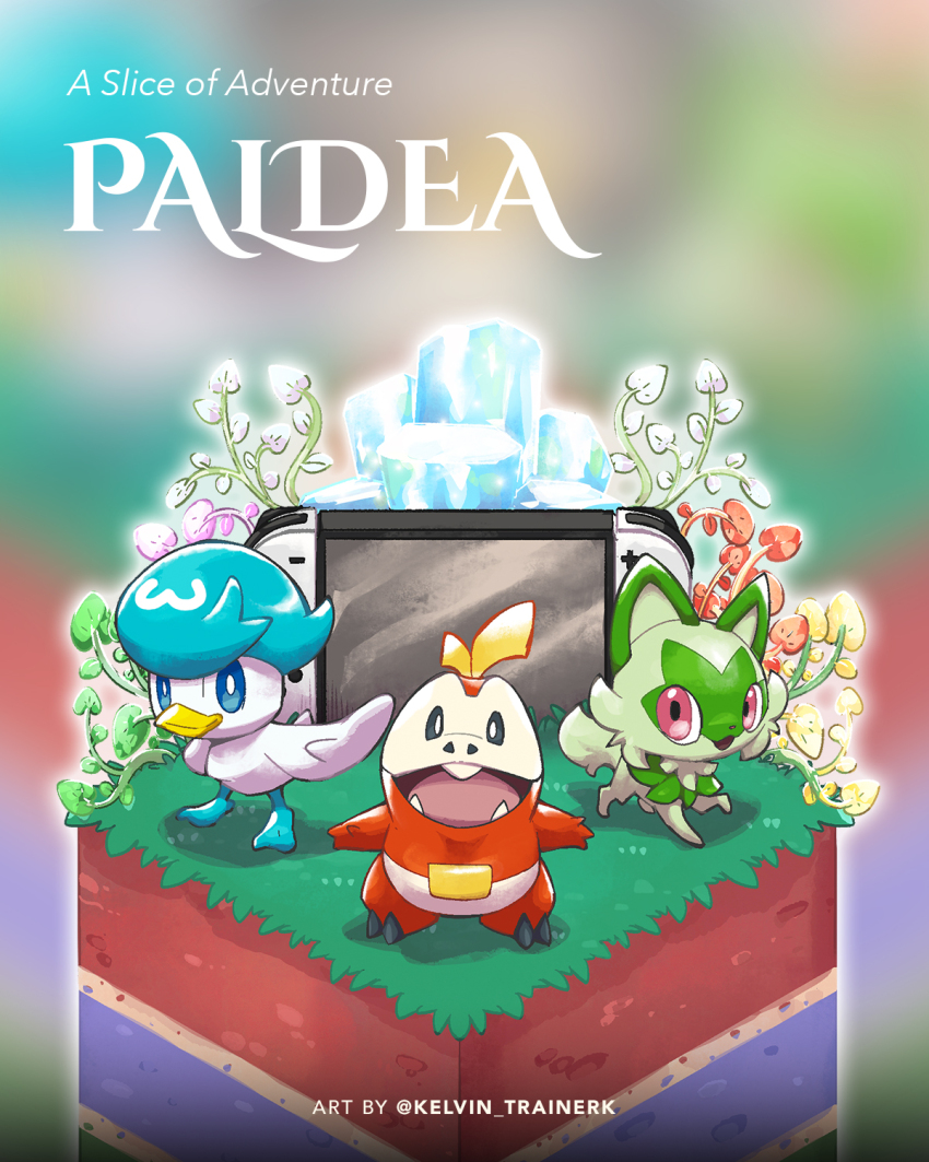 blue_eyes bright_pupils commentary crystal fangs fuecoco grass highres kelvin-trainerk looking_at_viewer nintendo nintendo_switch no_humans open_mouth pink_eyes pokemon pokemon_(creature) quaxly sprigatito tongue twitter_username watermark white_pupils