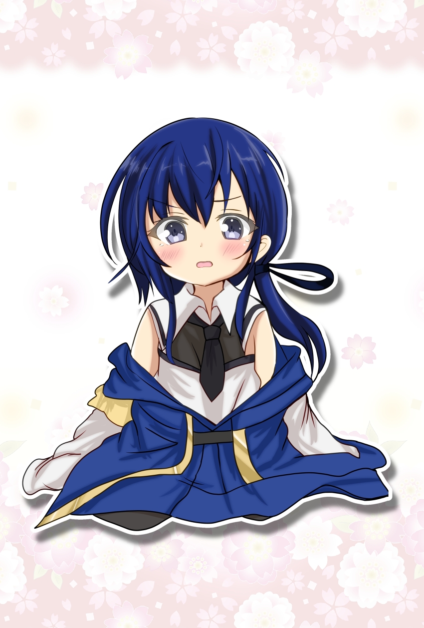 1girl absurdres age_regression aged_down arms_at_sides assault_lily belt black_belt black_necktie black_pantyhose blue_eyes blue_hair blue_ribbon blue_skirt blush child commentary detached_sleeves ebisu_nobu floral_background flower full_body hair_between_eyes hair_ribbon hayami_katsura highres long_hair long_sleeves looking_at_viewer low_ponytail necktie odaiba_girls_high_school_uniform off_shoulder pantyhose parted_lips pink_background pink_flower pleated_skirt ponytail ribbon school_uniform shirt short_necktie sidelocks sitting skirt sleeveless sleeveless_shirt sleeves_past_fingers sleeves_past_wrists solo two-tone_background white_background white_flower white_shirt