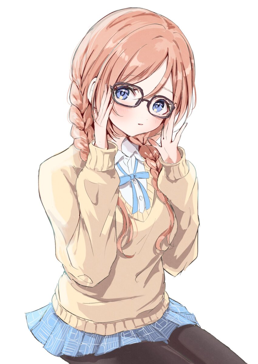 1girl bespectacled black-framed_eyewear black_pantyhose blue_eyes blue_ribbon blue_skirt blush braid brown_hair commentary_request dress_shirt french_braided_twintails gakuen_idolmaster glasses highres himesaki_rinami idolmaster long_hair long_sleeves looking_at_viewer maruno_zzz neck_ribbon pantyhose pleated_skirt ribbon shirt simple_background sitting skirt solo sweater twin_braids white_background white_shirt yellow_sweater