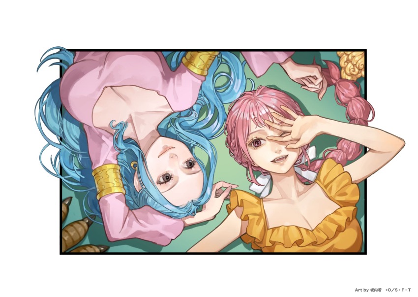 3girls animal arm_up armlet artist_name blonde_hair blue_hair border brown_eyes claws commentary_request dress earrings from_above highres jewelry karoo_(one_piece) long_hair long_sleeves lying mansherry multiple_girls nefertari_vivi official_art on_back one_eye_closed one_piece orange_dress out_of_frame pink_dress pink_eyes pink_hair ponytail rebecca_(one_piece) sakauchi_waka sidelocks smile upper_body upside-down white_border
