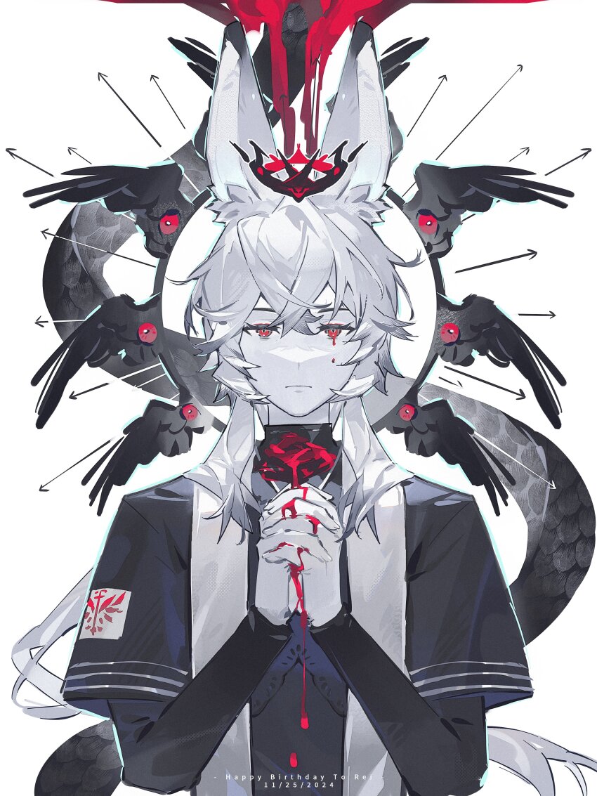 1boy absurdres animal_ears black_capelet blood blood_on_face blood_on_hands capelet colored_skin expressionless highres moroo original rabbit_boy rabbit_ears red_eyes rei_(crrn) snake solo white_hair white_skin